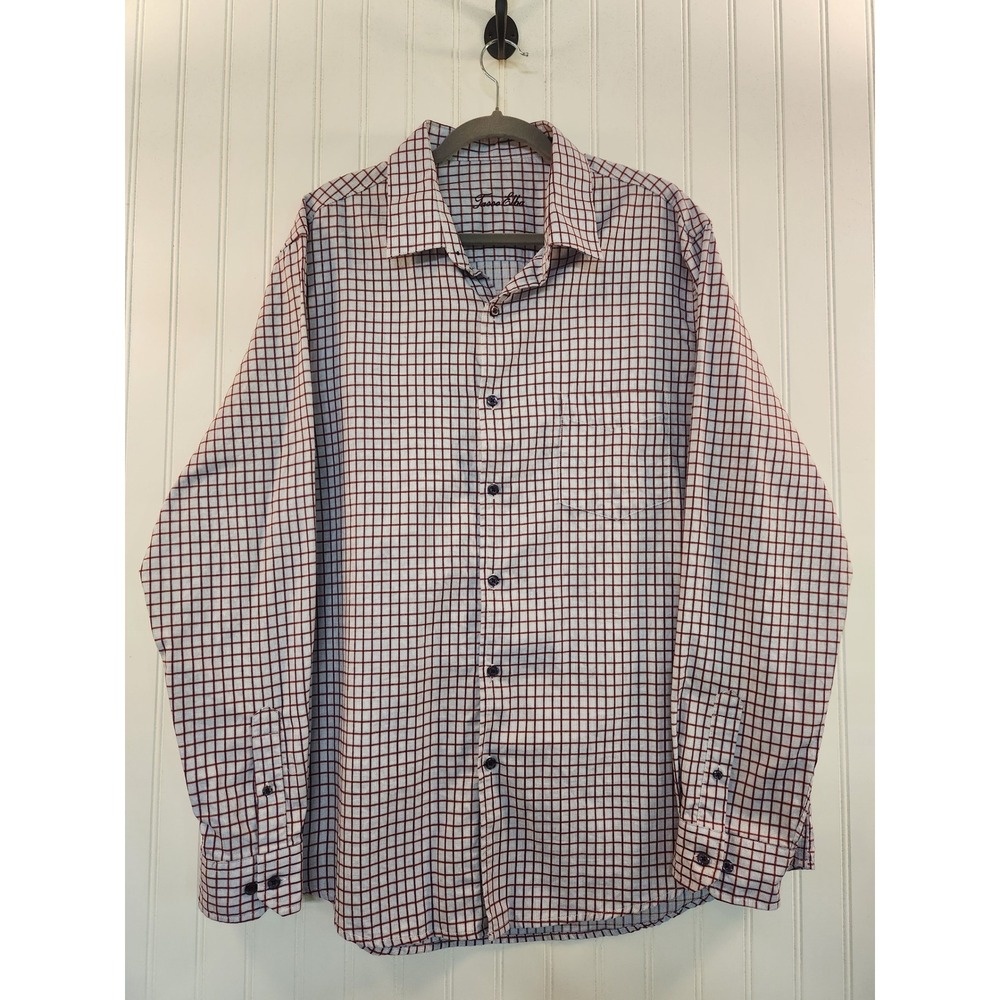 Tasso Elba Men XL Button Down Shirt Burgundy Blue Windowpane Cotton Long Sleeve